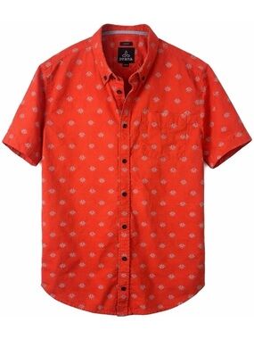 prAna Button Down Shirt Mens Large Orange Print Short Sleeve